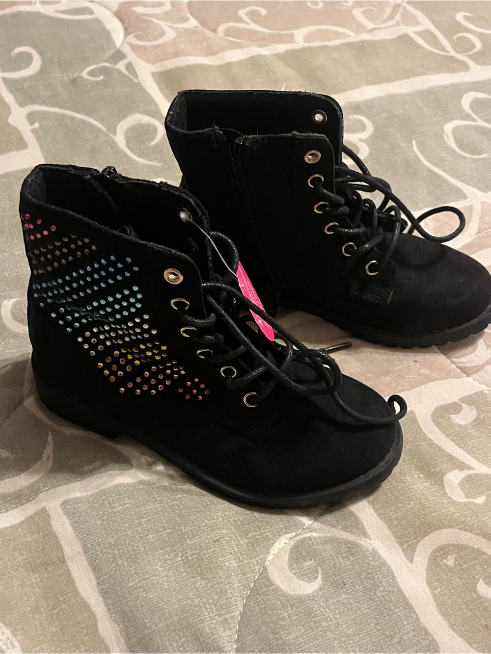 The Children’s Place Kids Black Lace-Up Ankle Boots with Rainbow Stud Accent